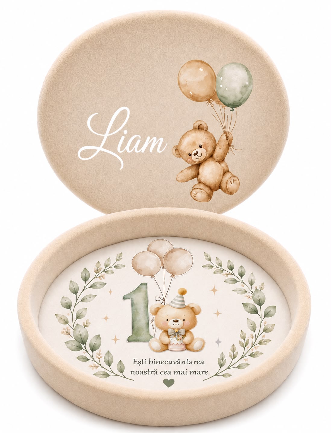 Set aniversar din catifea cu ursuleț beige