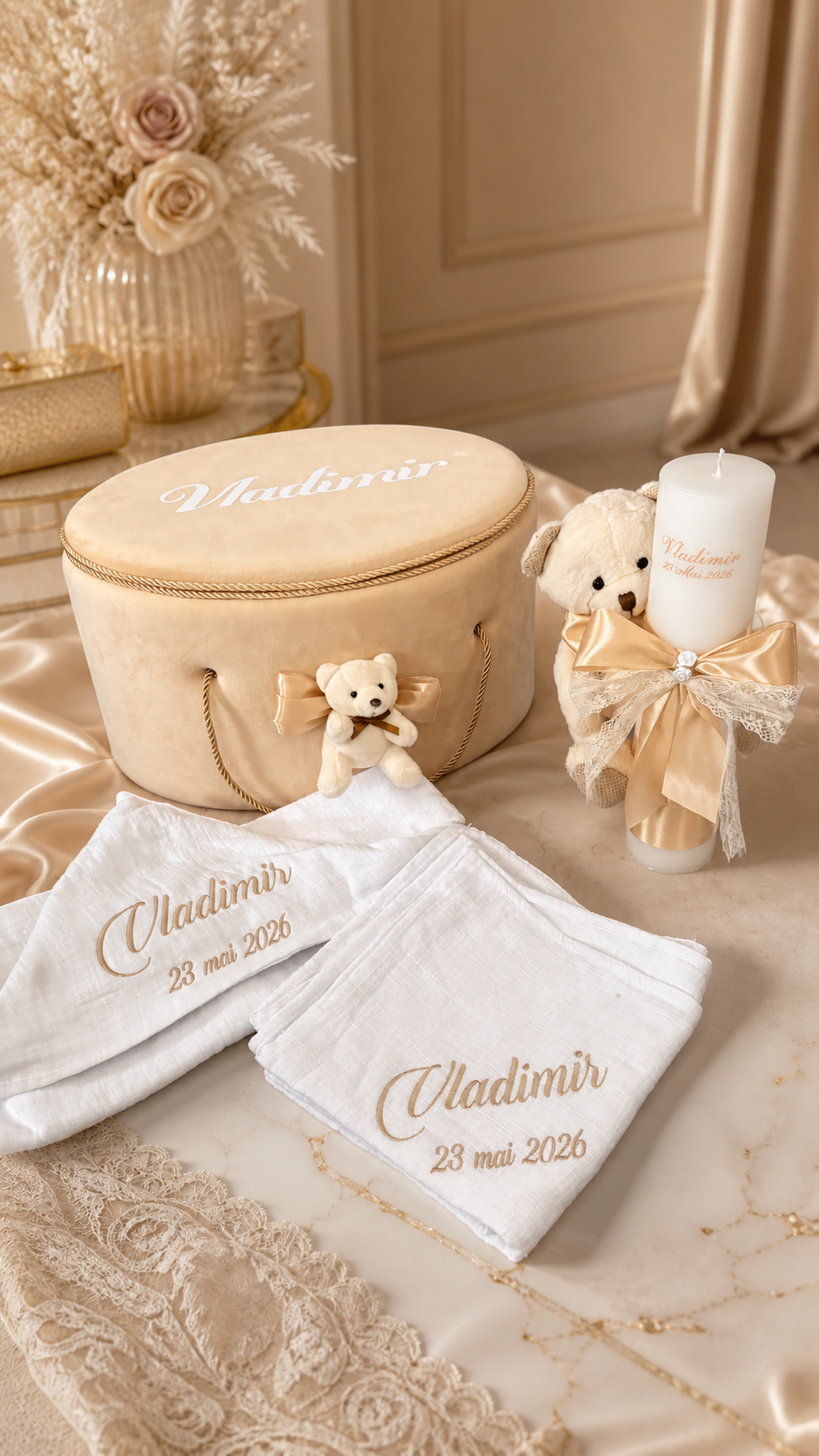 Trusou botez Luxury beige urs mare