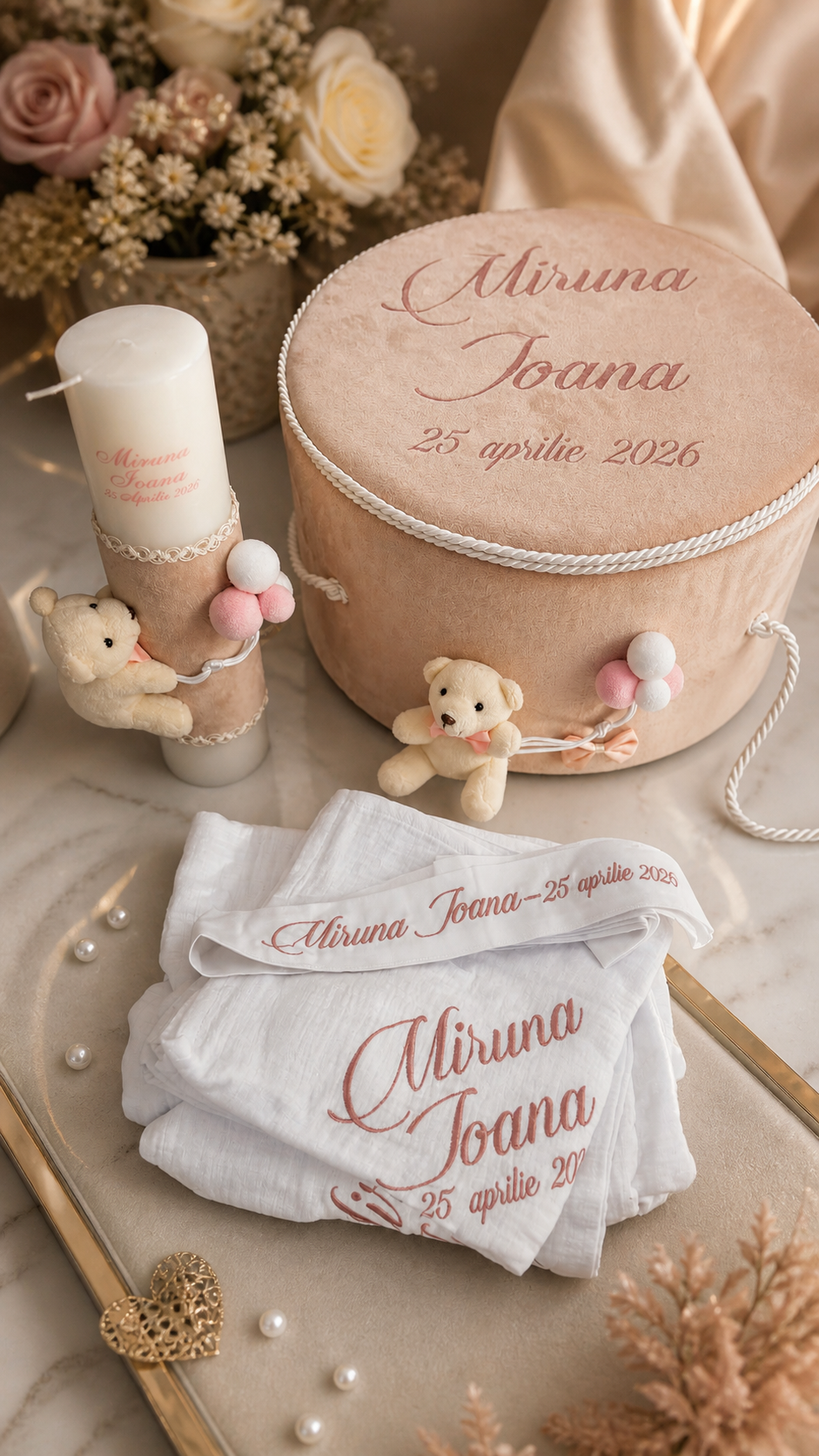 Trusou botez Luxury roz cu ursulet si baloane