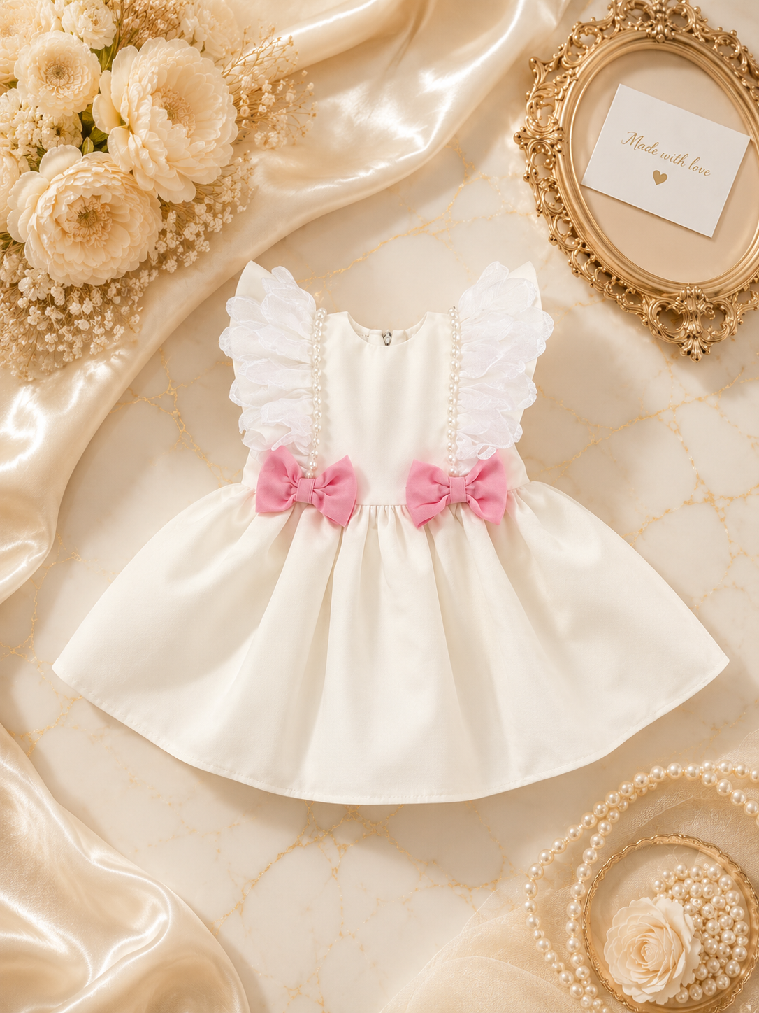 Rochie de botez alba cu funda roz personalizata