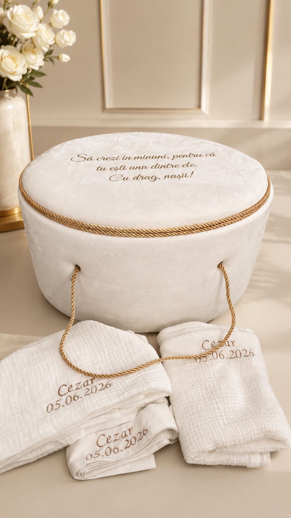 Trusou botez - alb cu beige