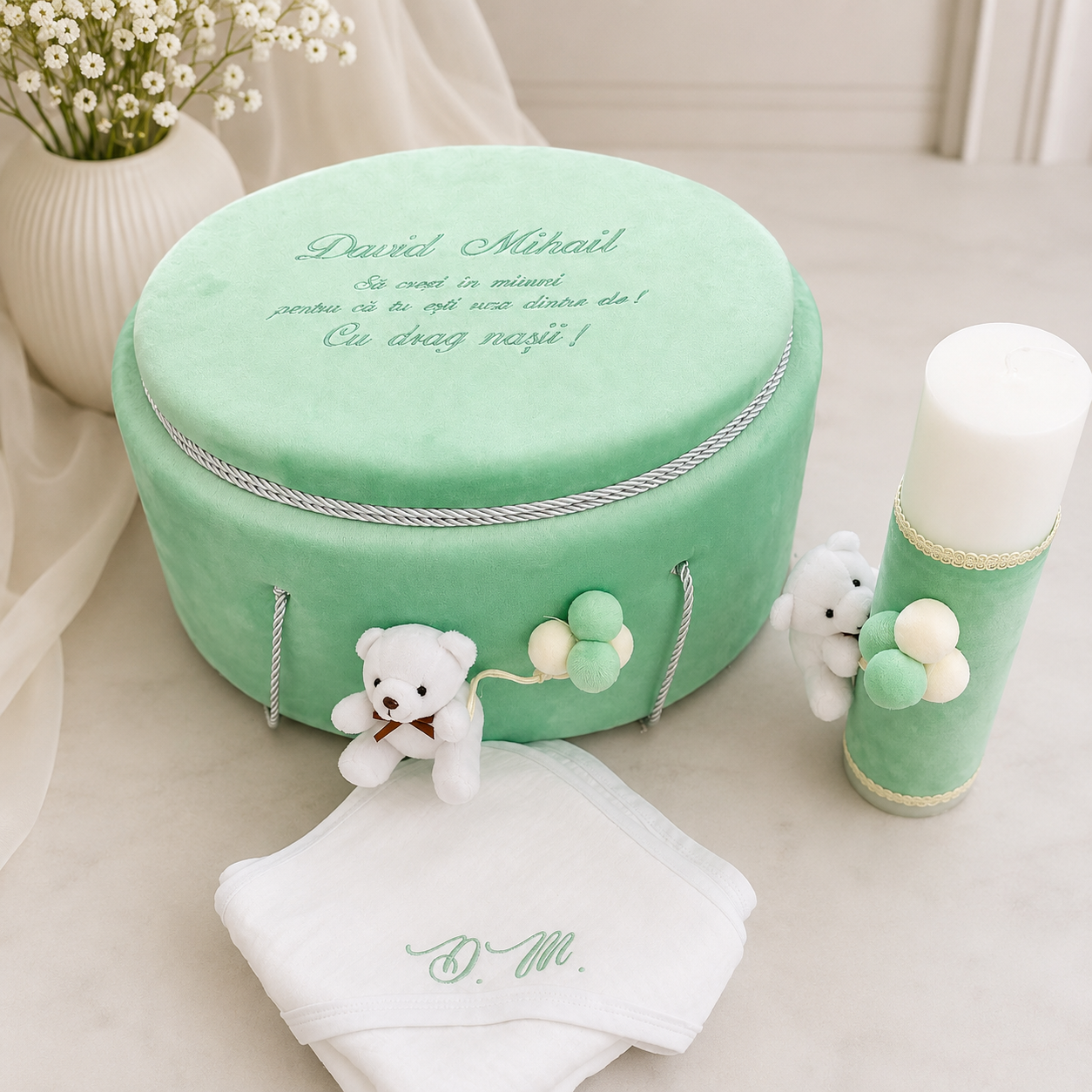 Trusou botez premium din muselina - Mint