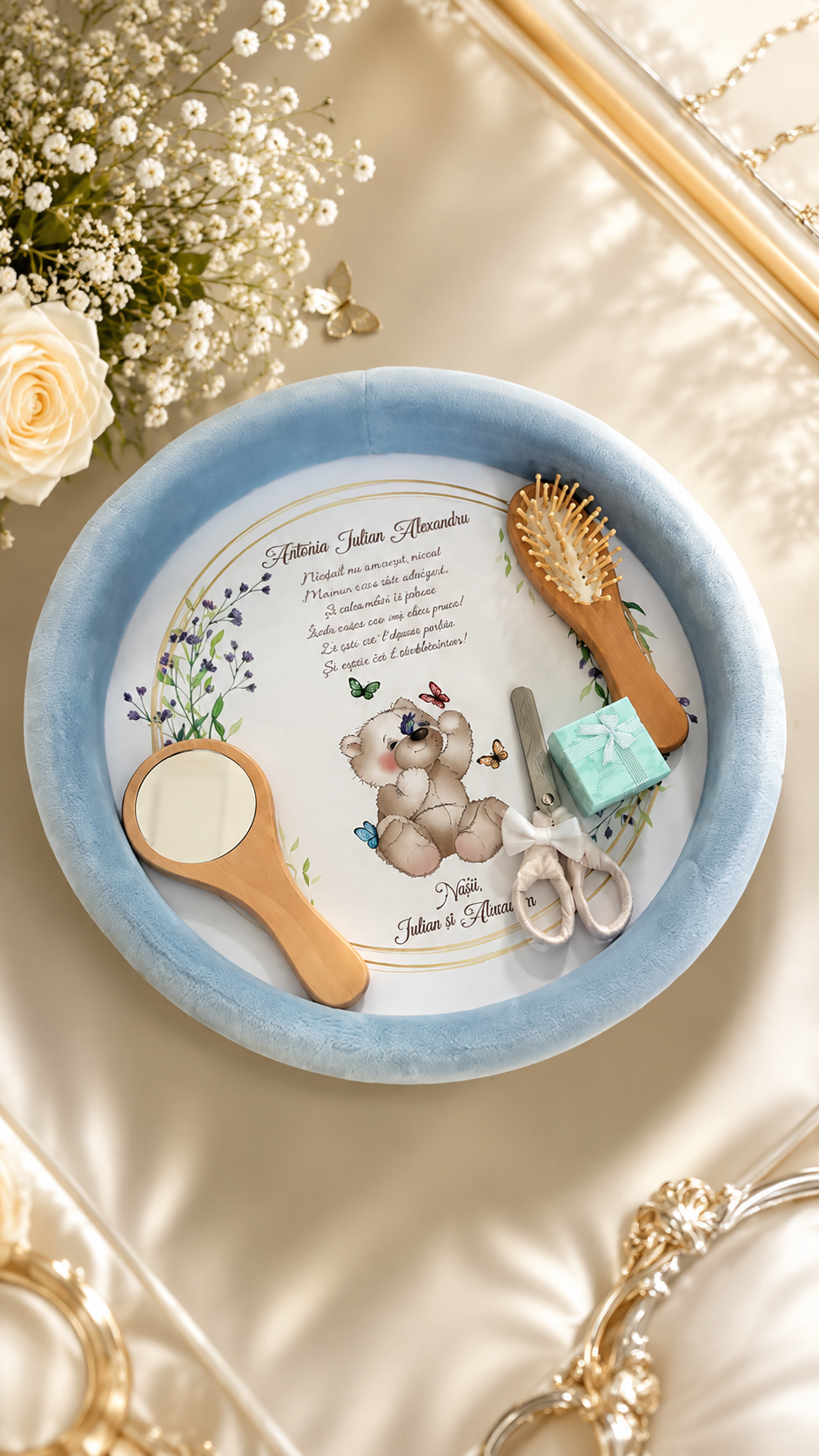 Set aniversar catifea bleu cu ursuleț