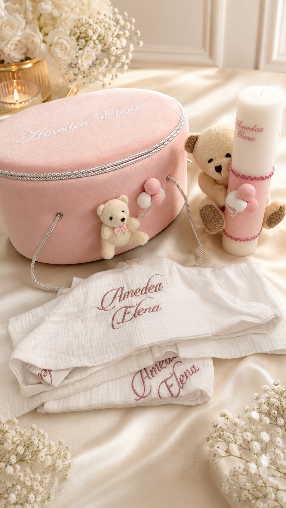 Trusou botez Luxury roz cu ursulet mare