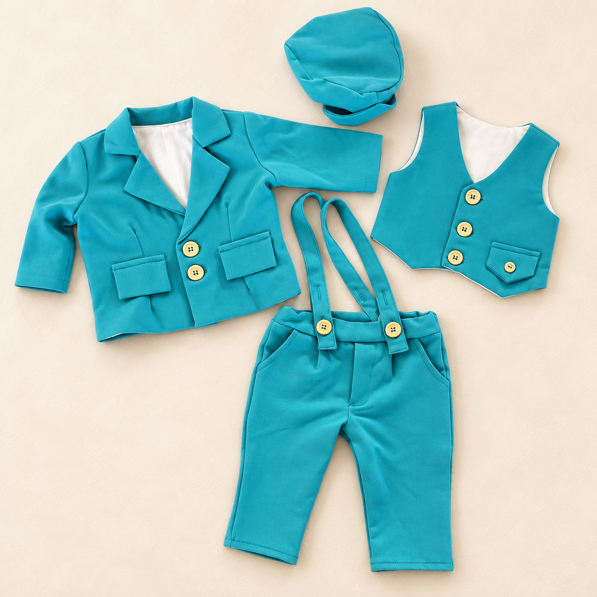 Costum botez din stofa bumbac turquoise - 7 piese