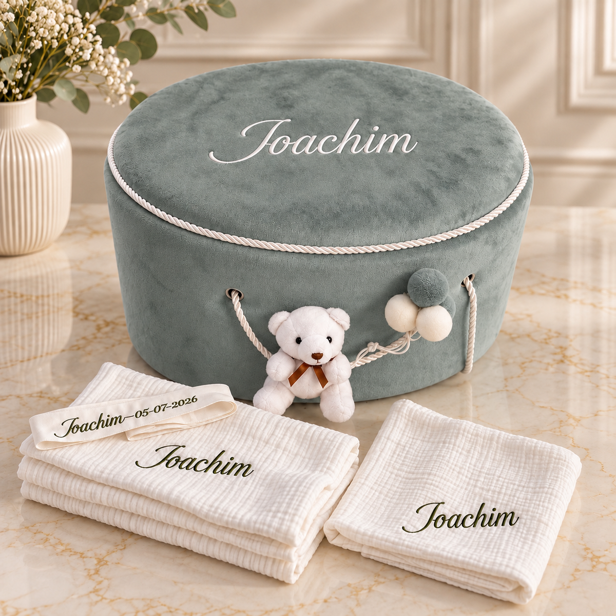 Trusou botez premium cu ursulet - Khaki