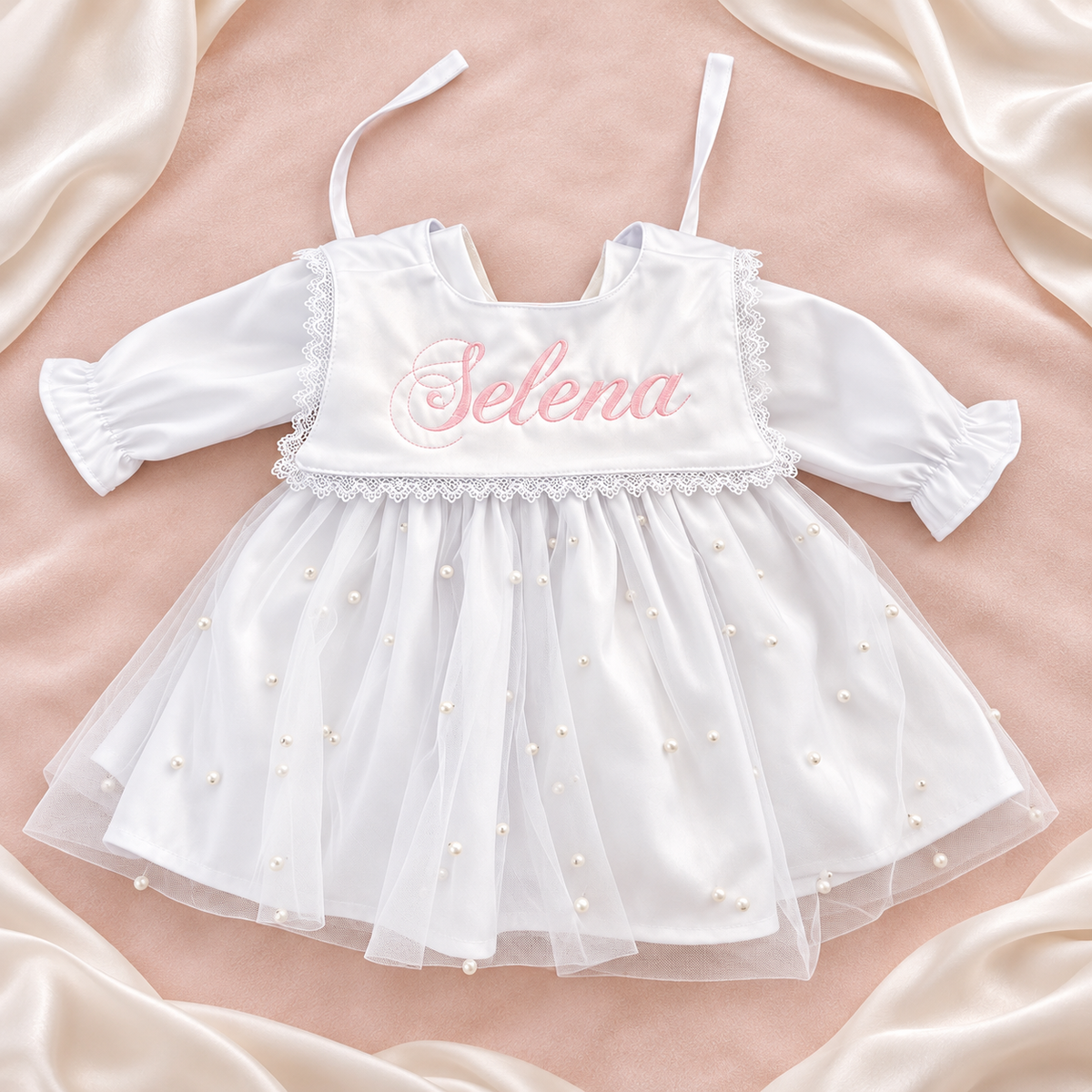 Rochie de botez alba cu guler personalizat