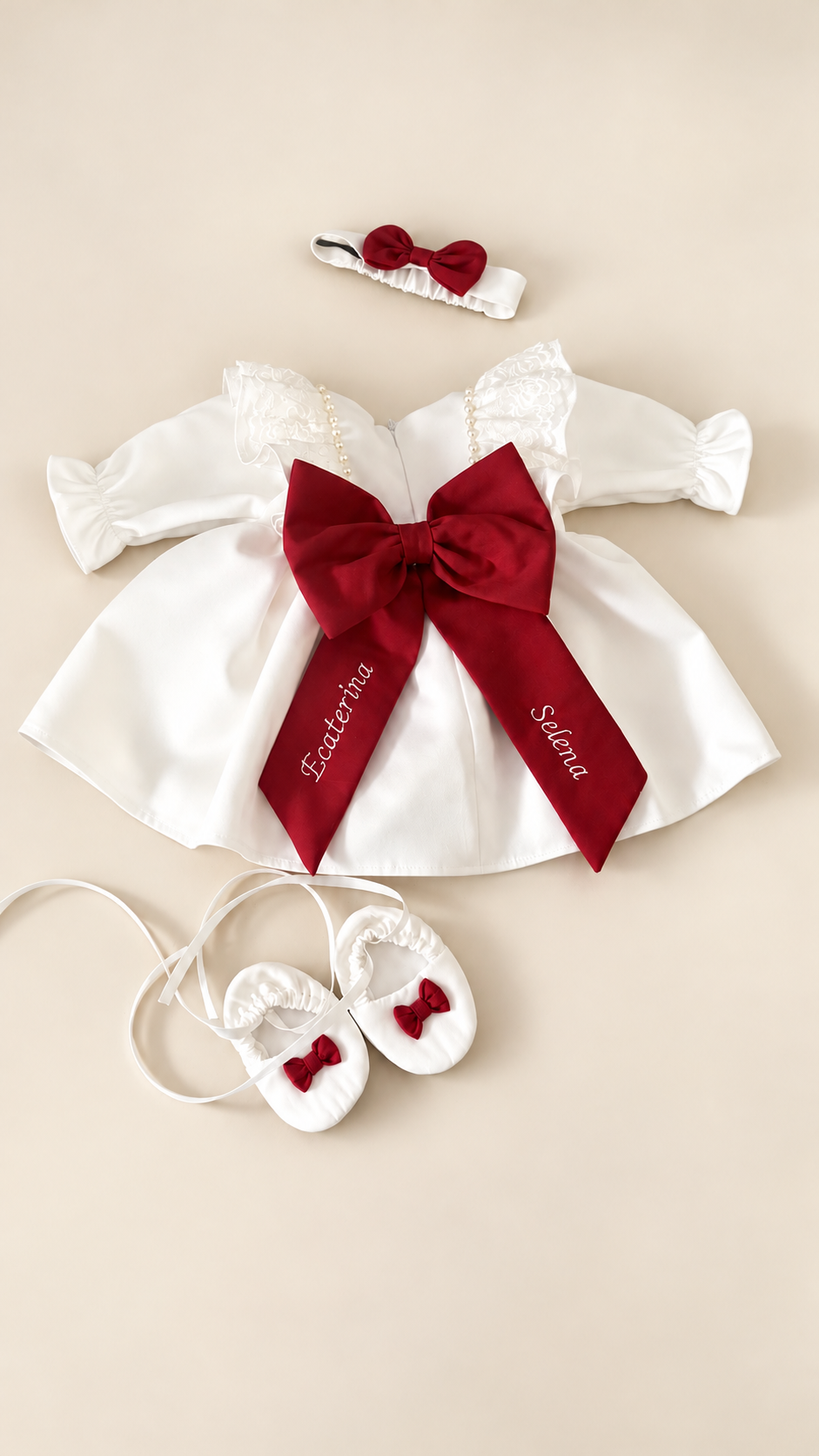 Rochie fetite botez alba cu funda rosie