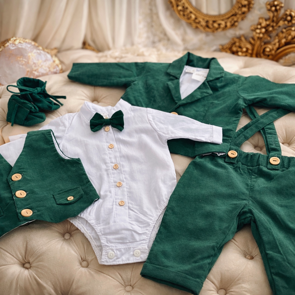 Costum botez din catifea raiata verde- 3 piese
