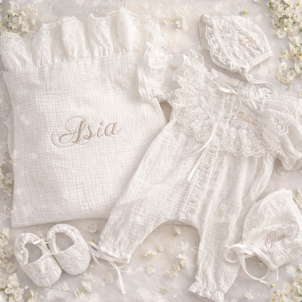Set nou-nascut alb personalizat cu broderie