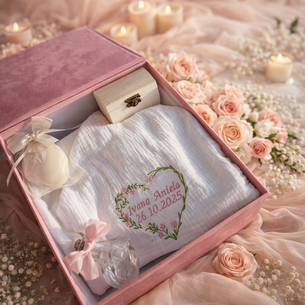 Trusou botez roz inima - cutie din catifea