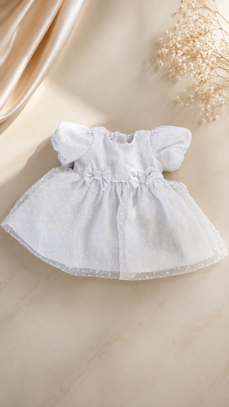 Rochie botez fetite alba cu buline