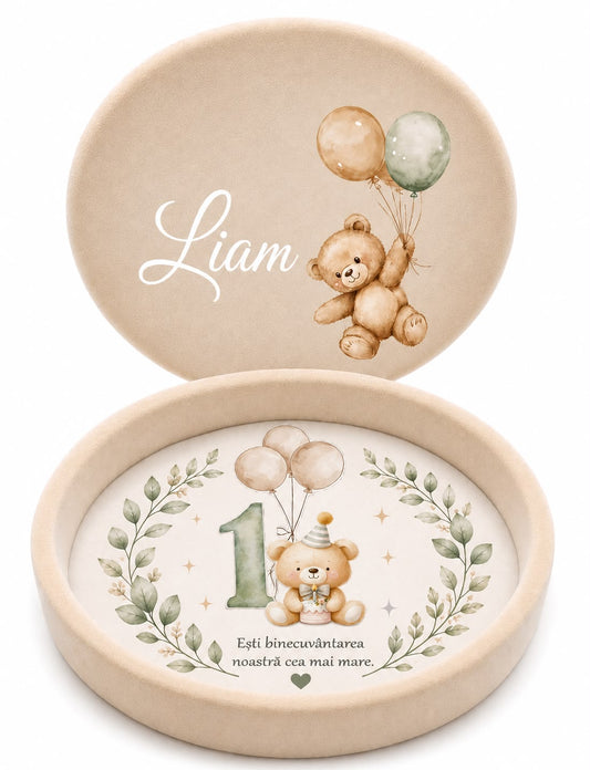 Set aniversar din catifea cu ursuleț beige