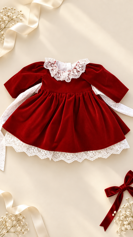 Rochie fetite catifea rosie cu dantela