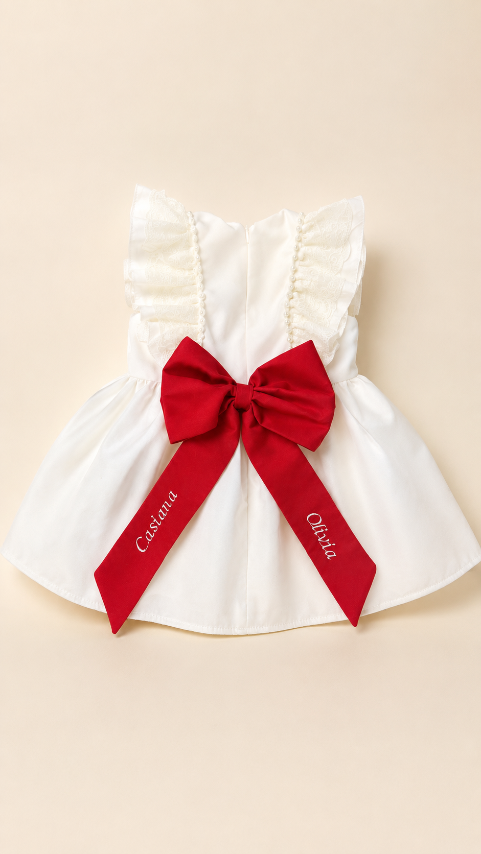 Rochie de botez roz cu funda rosie