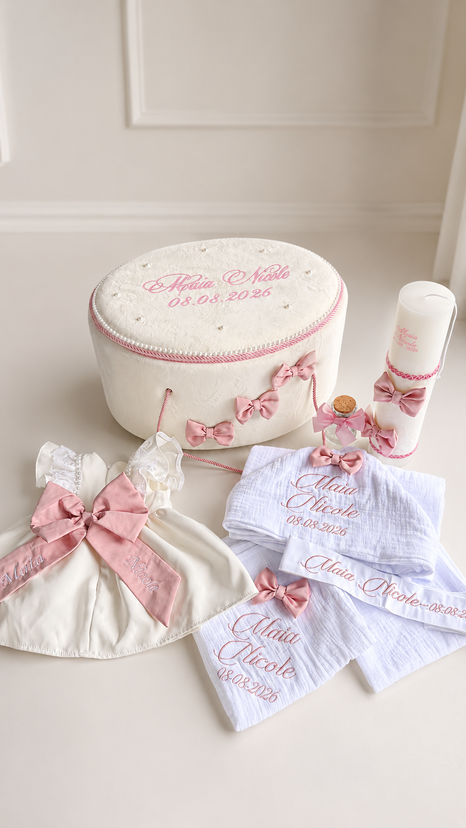 Trusou botez complet Luxury alb cu fundite