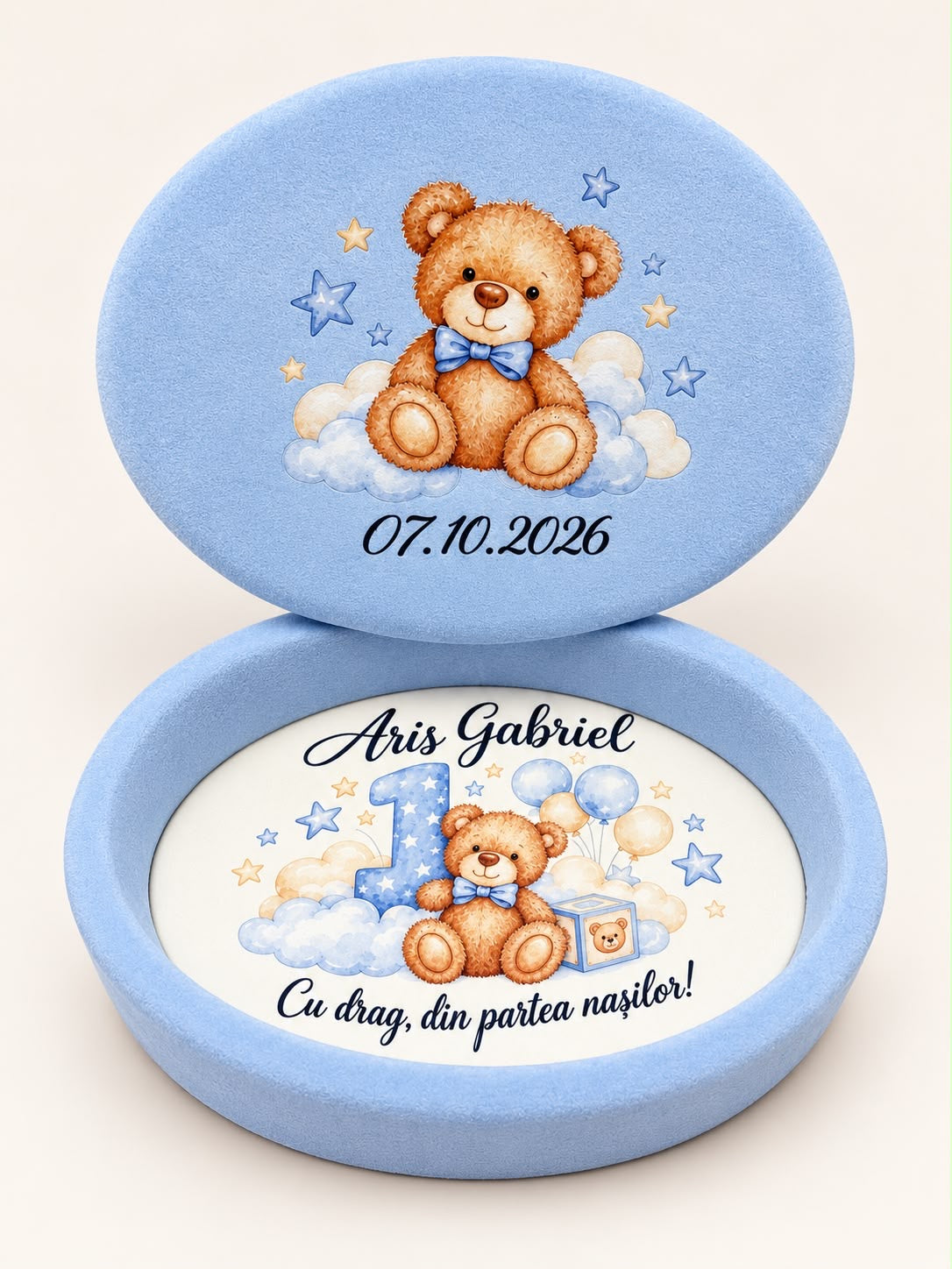 Set aniversar din catifea bleu cu ursulet