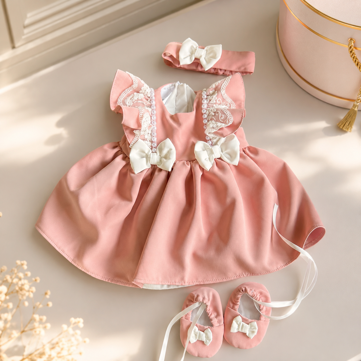 Rochie de botez roz cu funda albă personalizata