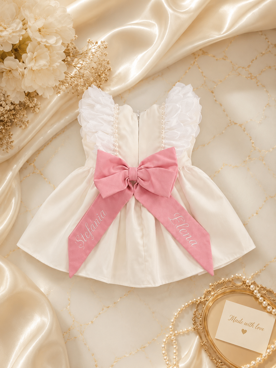 Rochie de botez alba cu funda roz personalizata