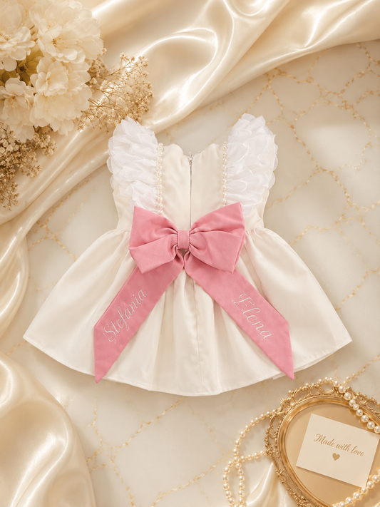 Rochie de botez alba cu funda roz personalizata