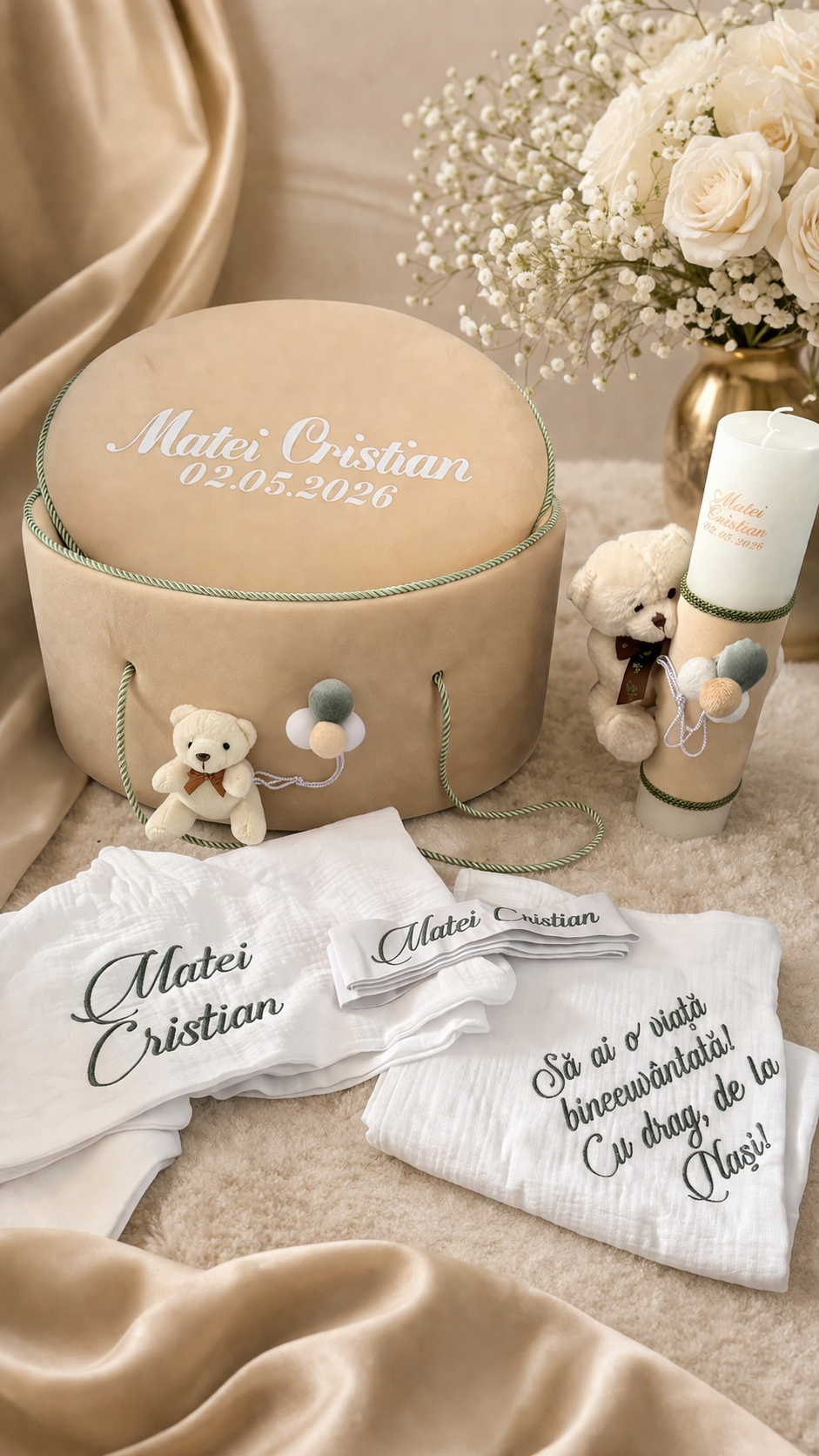 Trusou botez elegant crem si olive cu ursulet