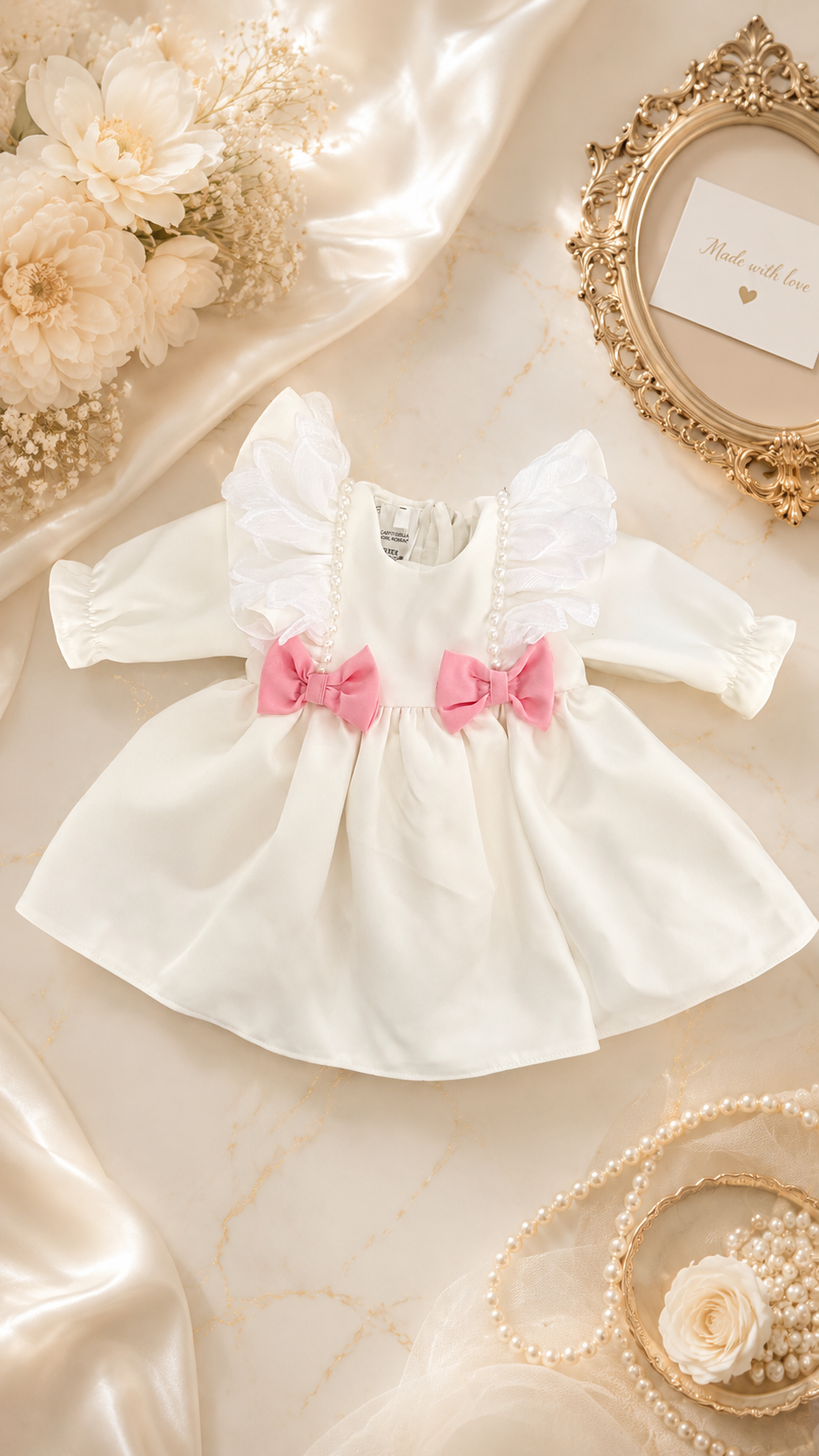 Rochie de botez alba cu funda roz maneca lunga