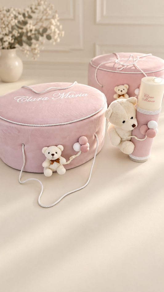Trusou botez Luxury roz cu ursulet mare