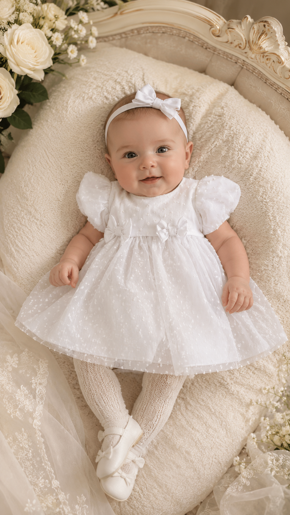 Rochie botez fetite alba cu buline