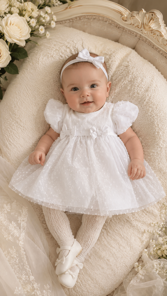 Rochie botez fetite alba cu buline
