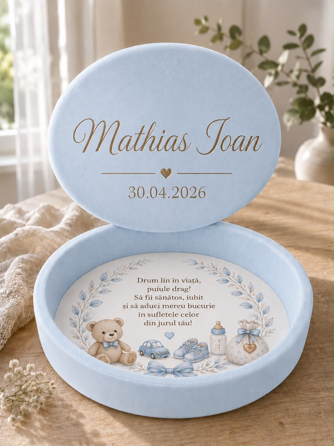 Set aniversar din catifea bleu cu ursulet