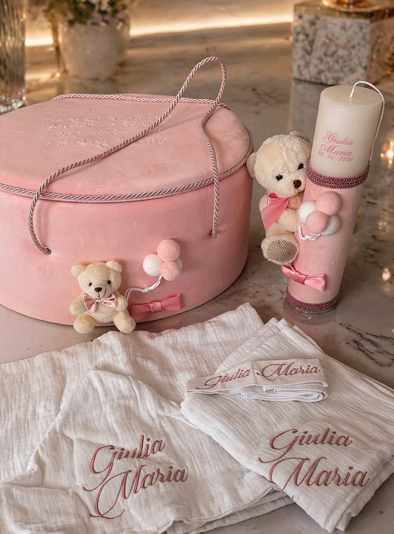 Trusou botez Luxury roz cu ursulet mare