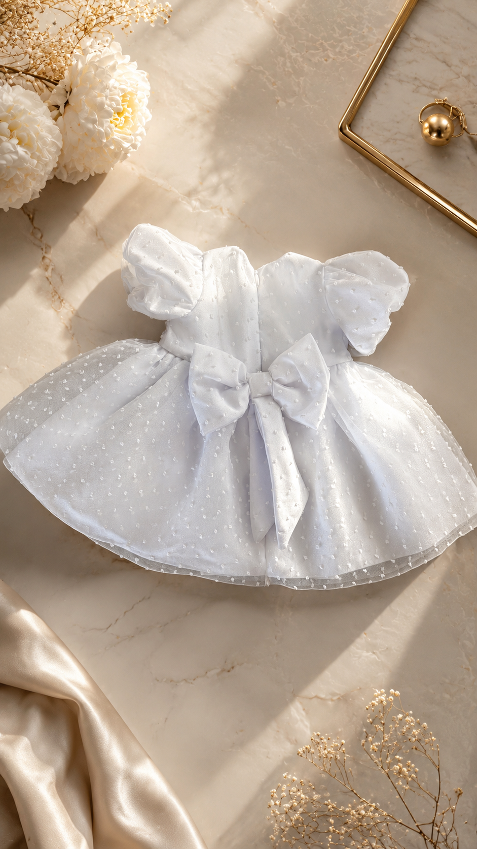 Rochie botez fetite alba cu buline