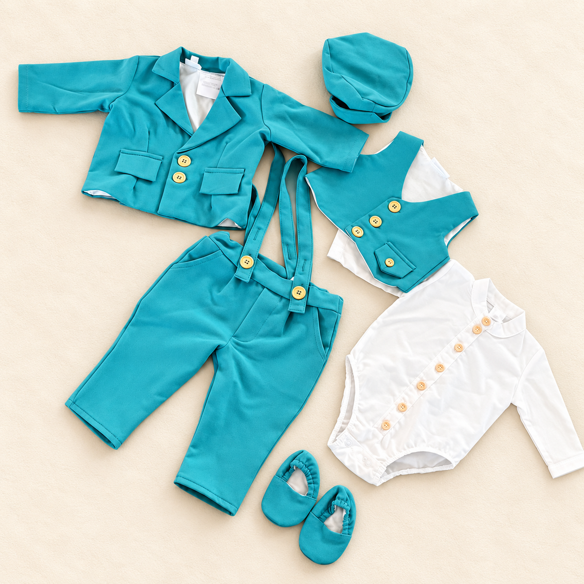 Costum botez din stofa bumbac turquoise - 7 piese