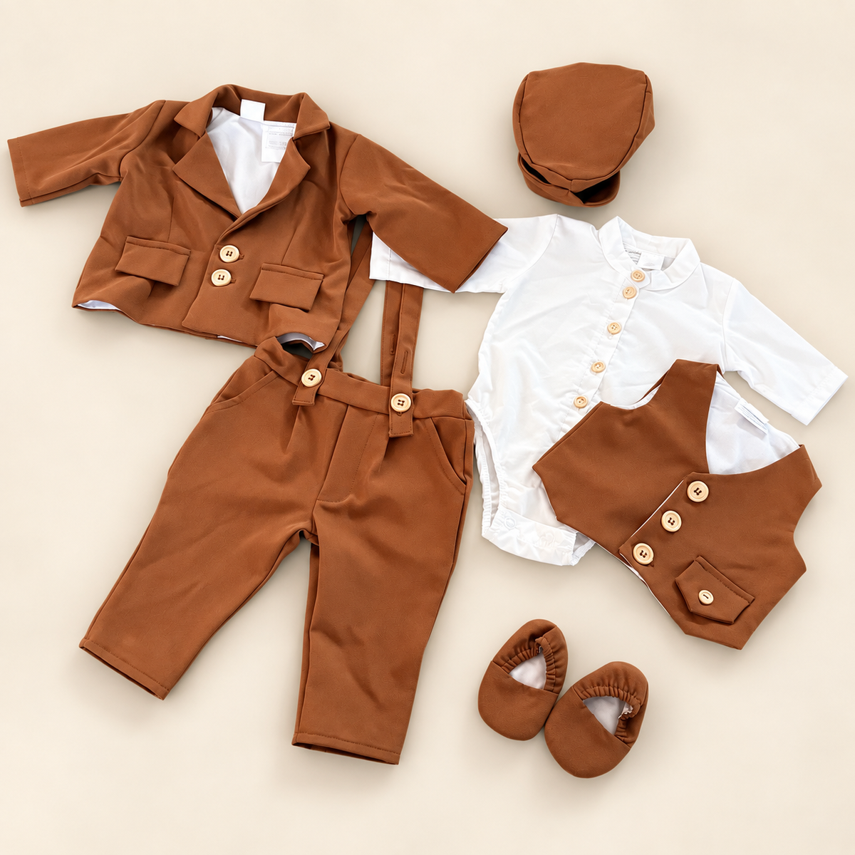 Costum botez din stofa bumbac maro - 7 piese