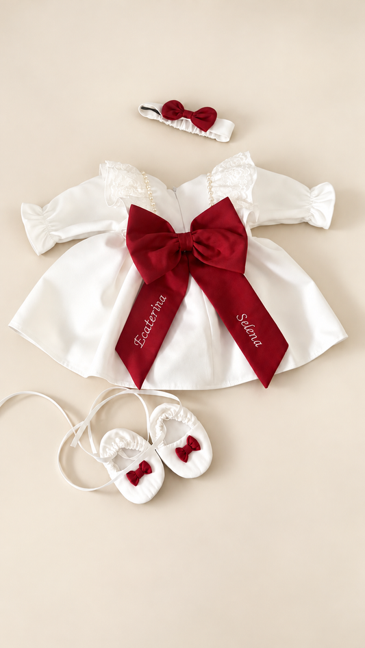 Rochie fetite botez alba cu funda rosie