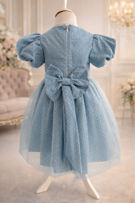 Rochie fetite bleu din tull fin cu buline