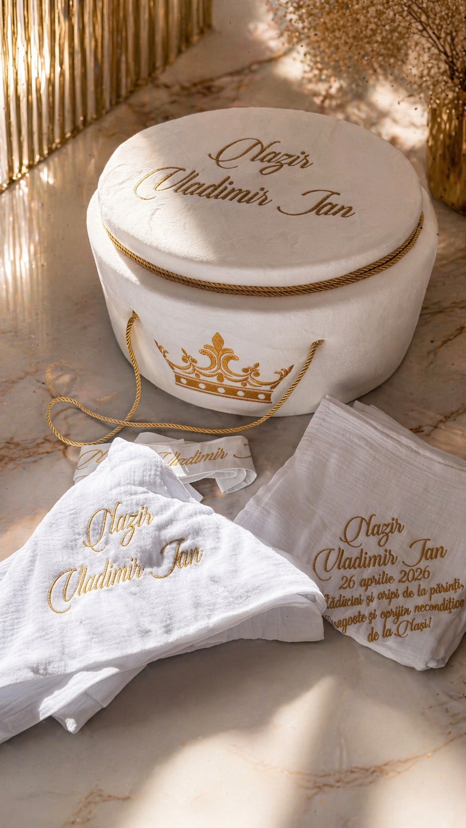 Trusou botez Luxury alb cu coroana