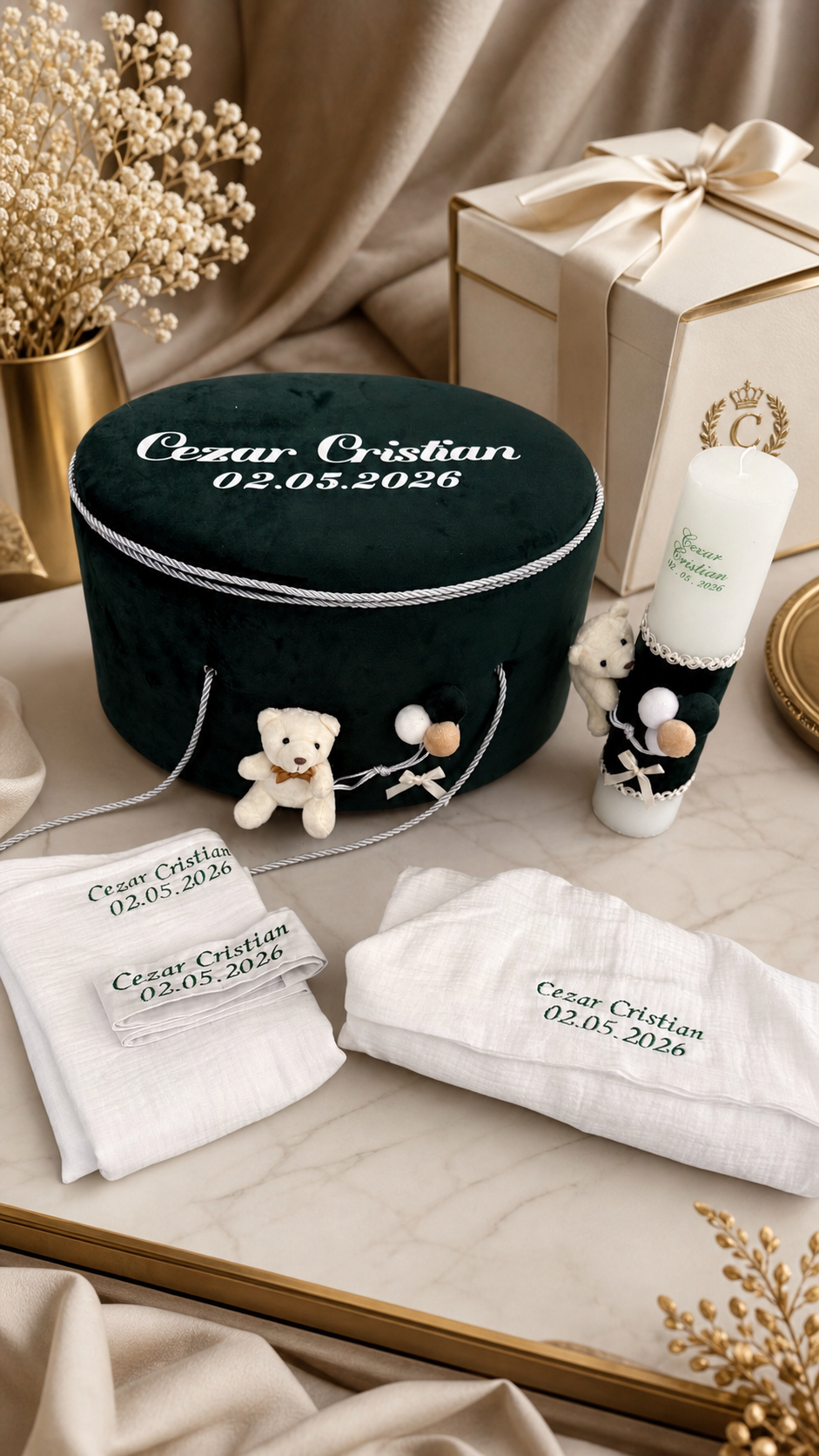 Trusou botez Luxury verde cu ursulet