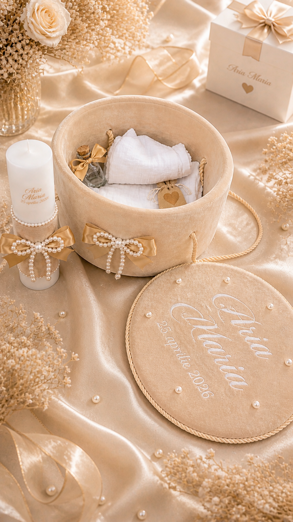 Trusou botez beige cu funda si perle
