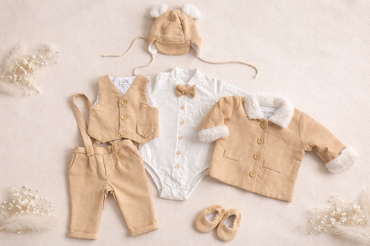 Costum de botez catifelat beige