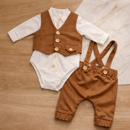 Costum botez din catifea raiata maro - 3 piese