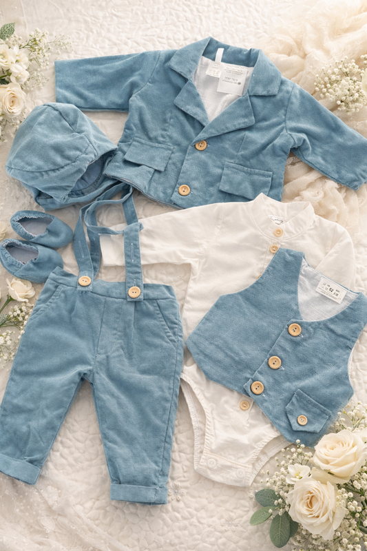 Costum botez din catifea raiata bleu - 3 piese