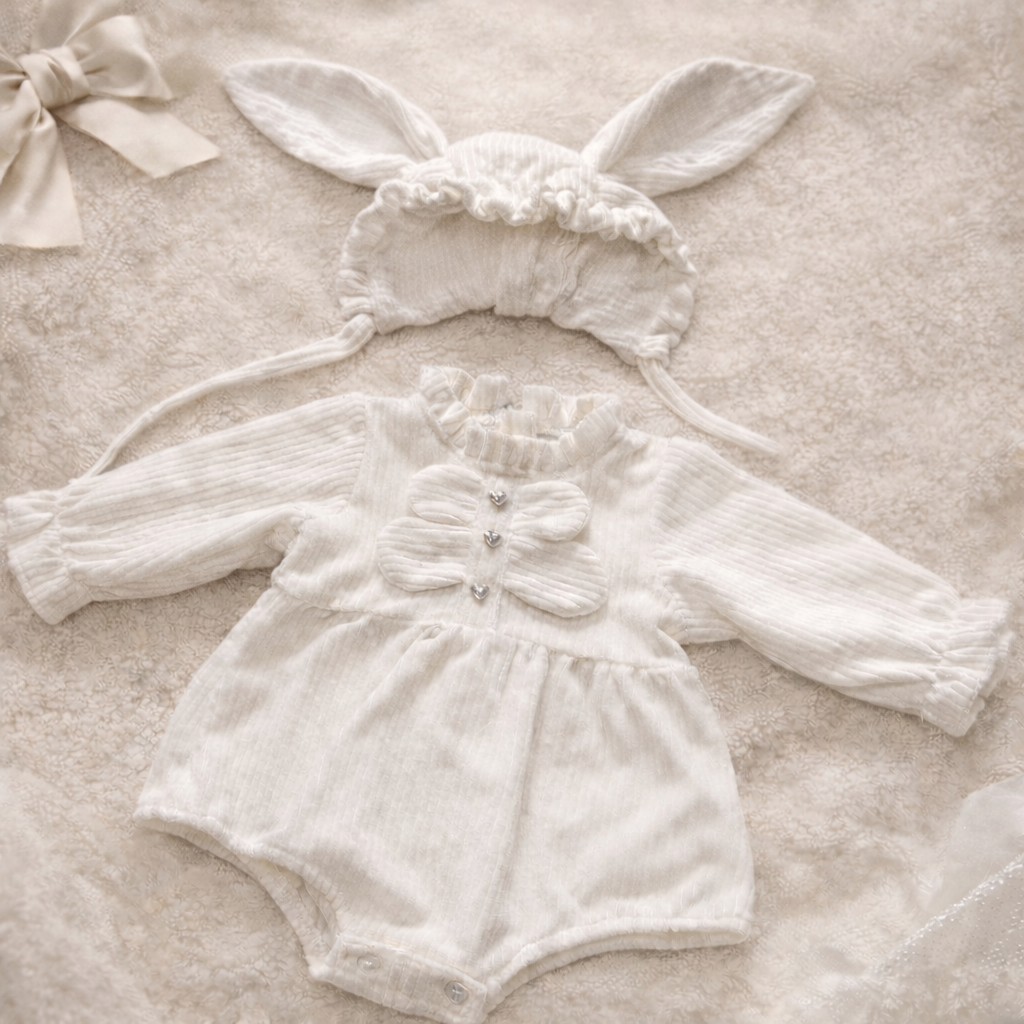 Salopeta-Body catifea alba + boneta iepuraș