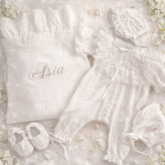 Set nou-nascut alb personalizat cu broderie