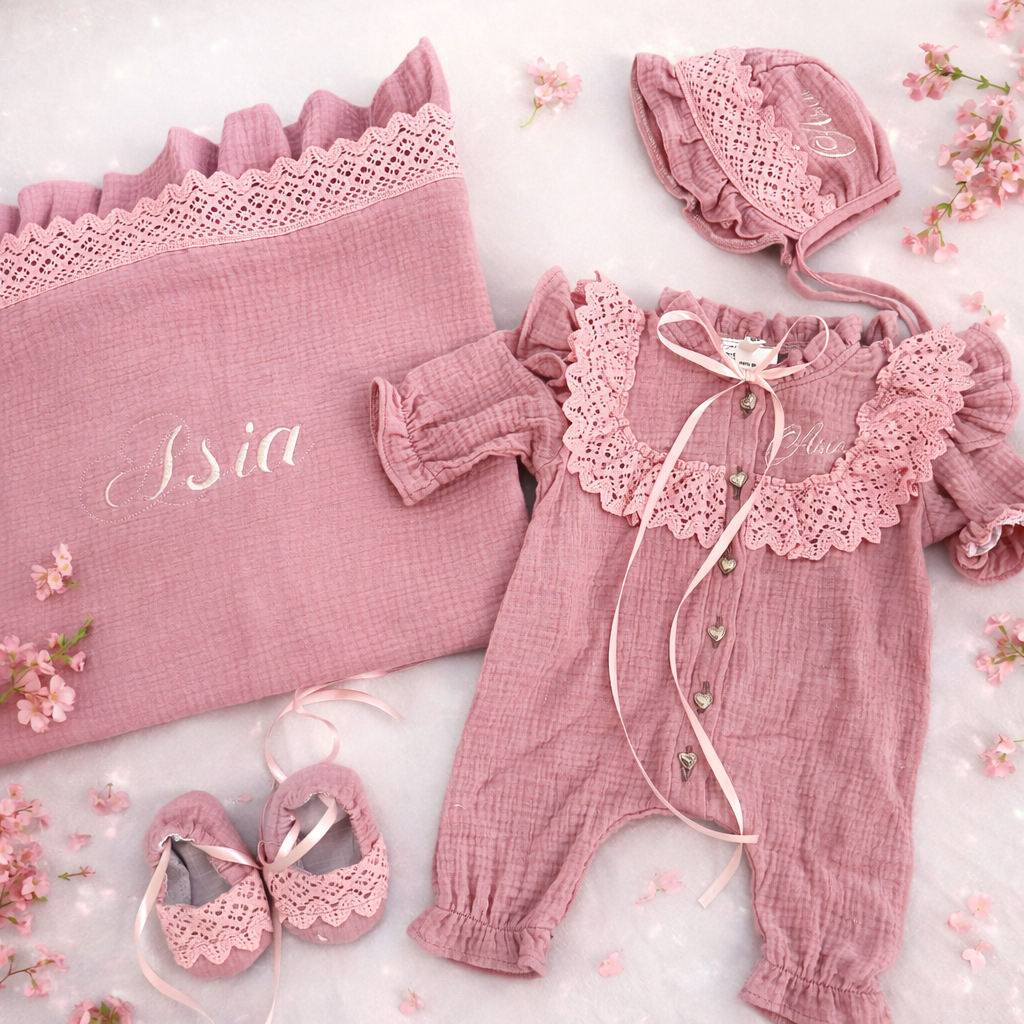 Set nou-nascut roz personalizat cu broderie