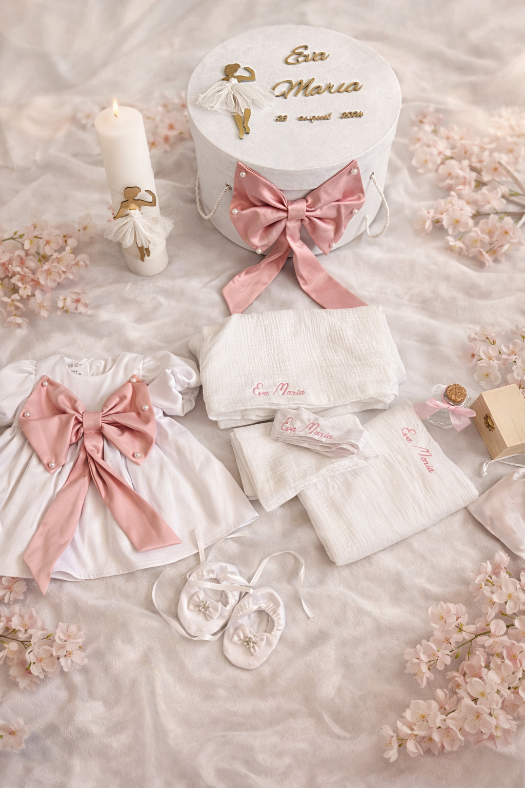 Set complet botez alb - Trusou, luminare, rochita