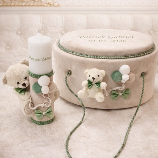 Trusou botez elegant crem si olive cu ursulet