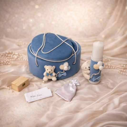 Trusou botez Luxury albastru cu ursulet