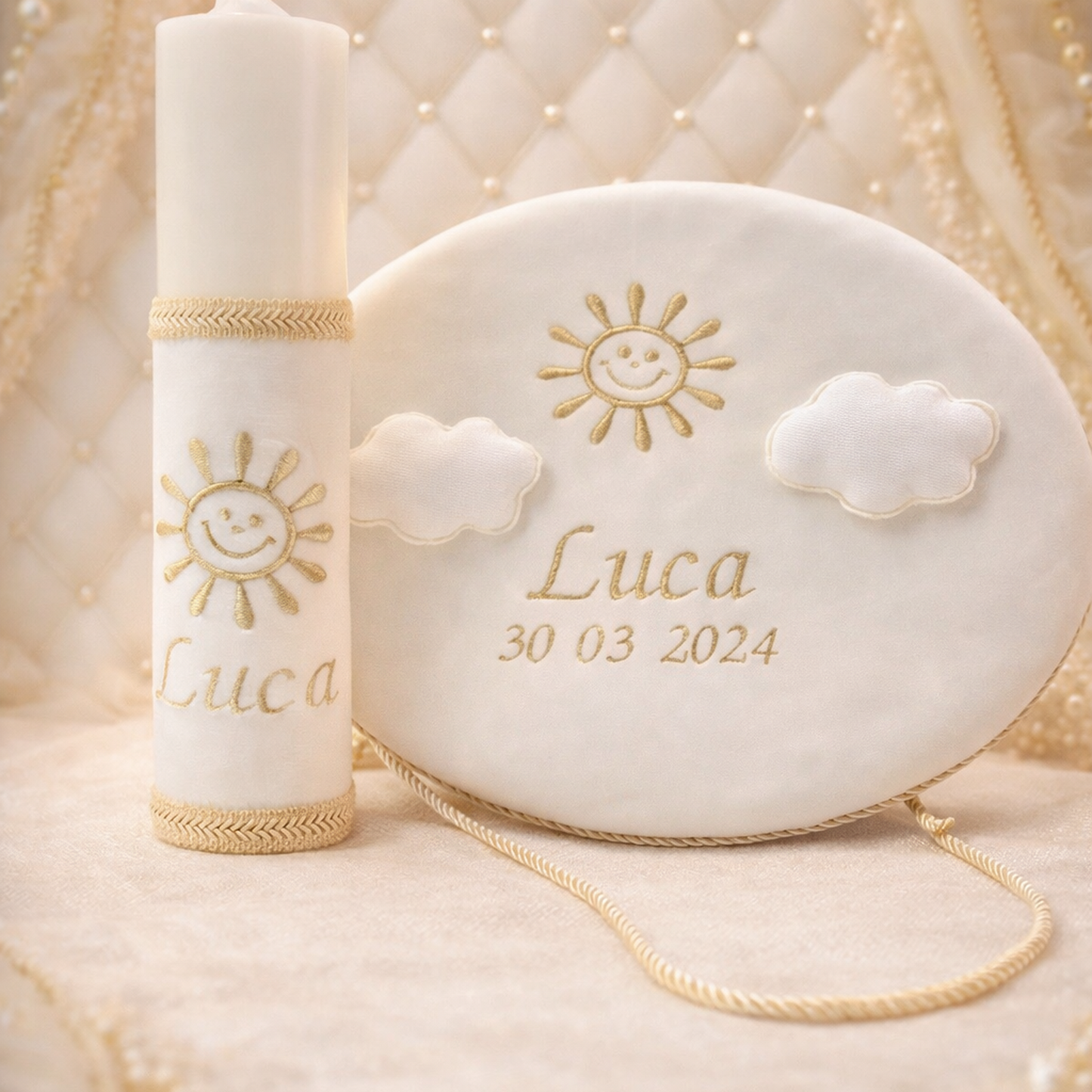 Trusou botez Luxury alb soare si norisori